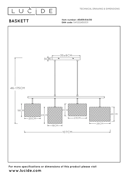 Lucide BASKETT - Pendelleuchten - 4xE27 - Schwarz - technisch